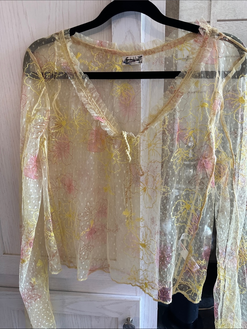 Free People Sheer Embroidered Floral Lace Top - Yellow & Pink